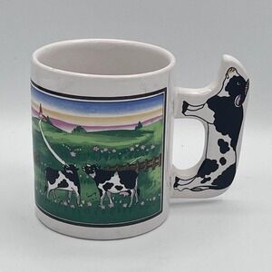 Vintage Cow Mug with 3D Handle Farm Scene Ceramic Cup